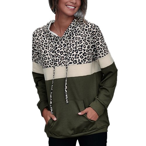 Womens Causal Sweatshirt Leopard Print Patchwork Pullover Female Loose Jumper Pocket Tops Ladies Fashion Hoodie