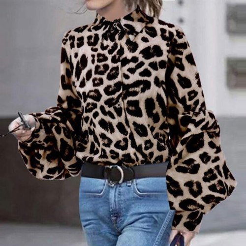 Women Leopard Print Blouse Shirt Vintage Autumn Polka Dot Shirt Button Loose Long Lantern Sleeve Lapel Elegant Office Ladies Top