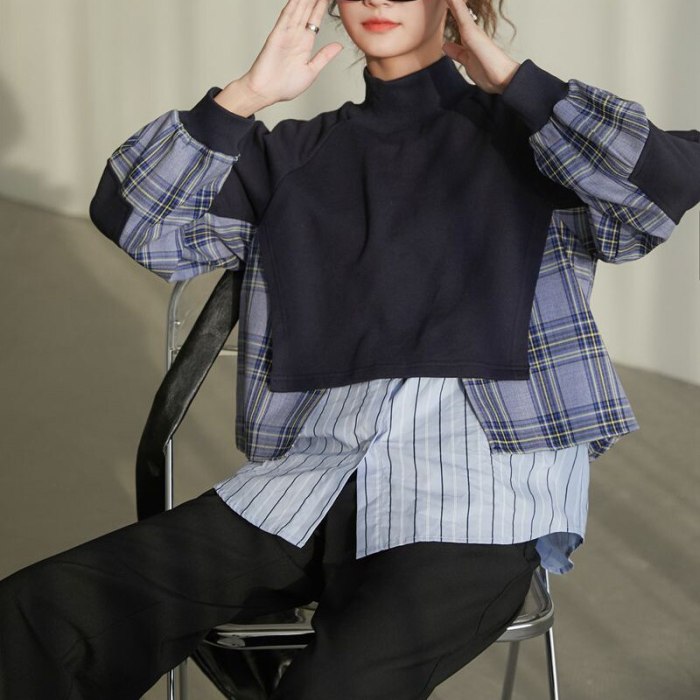 Stand Collar Contrast Asymmetrical Patchwork Blouse