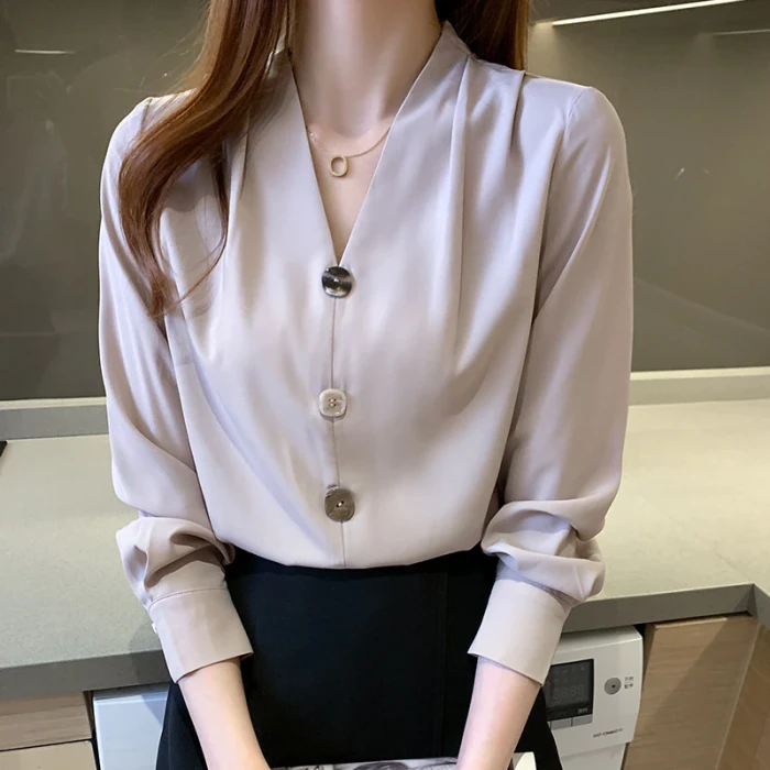 Korean Style Shirt Top V-neck Long-sleeved Casual 2021 Spring And Autumn New Wild Fashion Simple Temperament