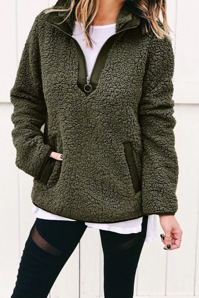 2021 New Women Fleece Sweatshirt Winter Harajuku Loose Pocket Hoodies Casual Faux Fur Zipper Collar Female Pullovers Thick Coat