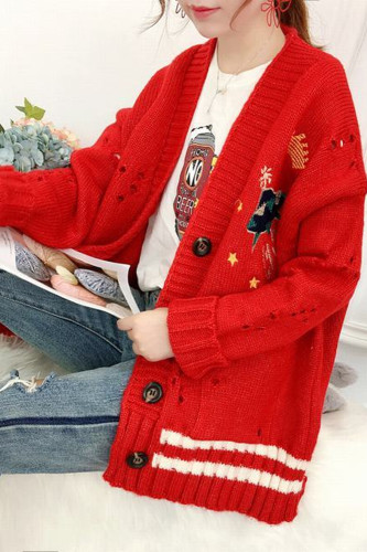 Winter Knitted Cardigan Cartoon Embroidery Oversize Sweater Coat