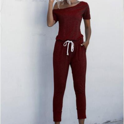 Women Sexy Jumpsuits Summer Solid Off Shoulder Short Sleeve Romper Fashion Casual Drawstring High Waist Female Overalls Playsuit