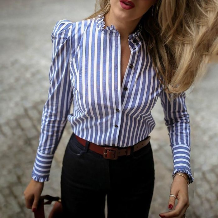 Women's shirt 2021 Women stripe Long Sleeve blouse Ray Puff Sleeve Ladies Workwear Ruffle Hem Casual Blouse Elegant Small Top