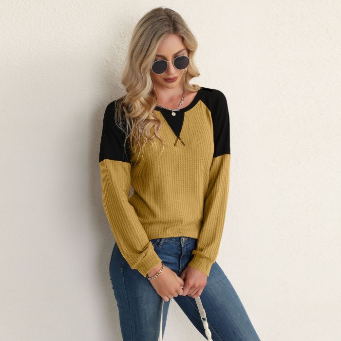 2021 Spring and Autumn Knitted Pullover Top Round Neck Stitching Long-sleeved Sweater England Style Women's Fashion Clothing
