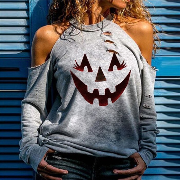 Y2k Streetwear Pumpkin Skull Print Shirts Oversized Hoodie Women Harajuku Hollow Out Long Sleeve Blouse Autumn Gothic T Shirt