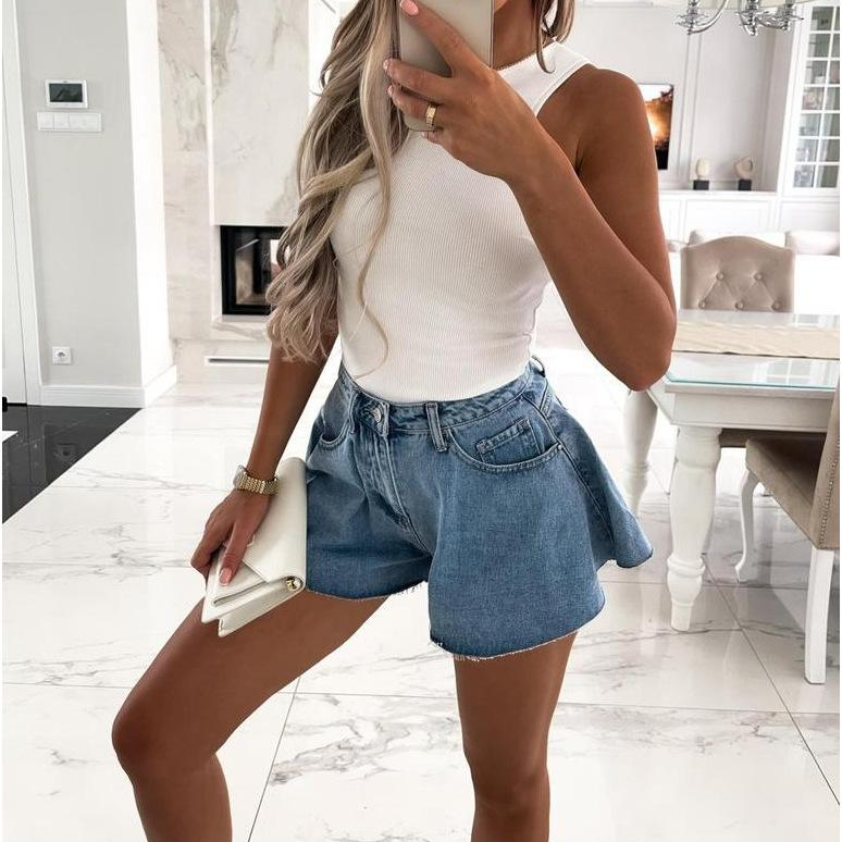 Summer Fashion Ruffles Hem Denim Shorts 2021 New Blue Washed Pockets Zippers Shorts Female Jeans Shorts High Waist Bottoms