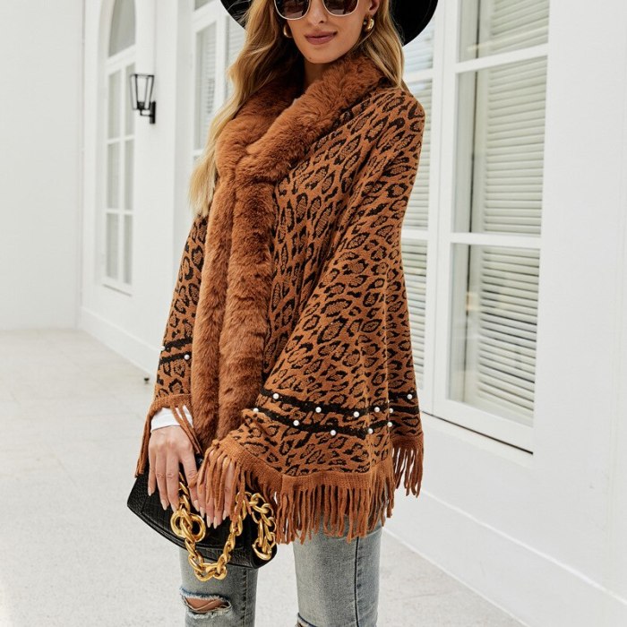 Leopard Print Fur Collar Coat Tassel Knitted Shawl Women Vintage Soft Warm Capes & Ponchos