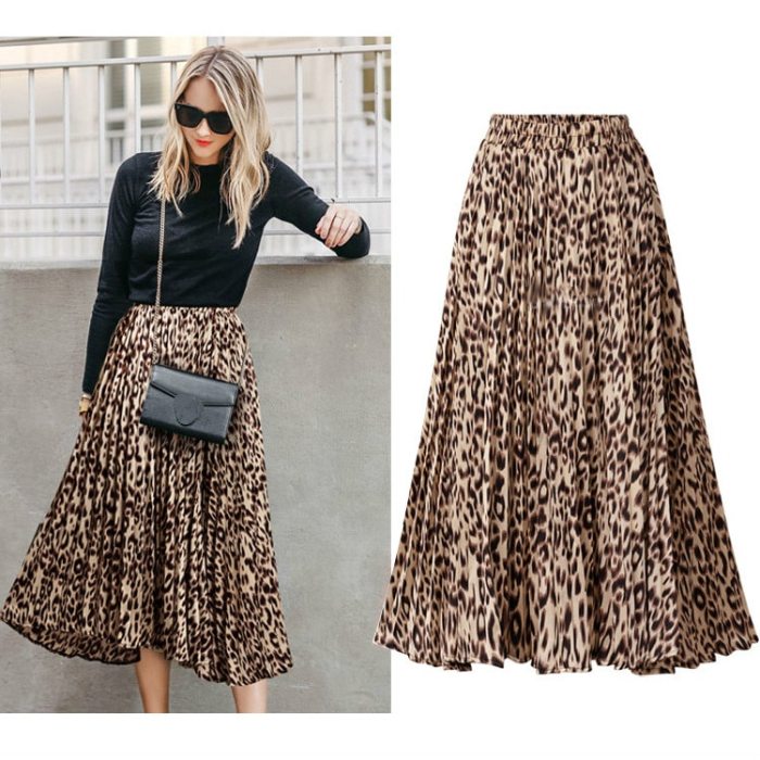 Plus Size Leopard Print Skirts Womens 2020 New Spring Autumn Elastic Waist A Line Pleated Midi Skirt Casual Streetwear