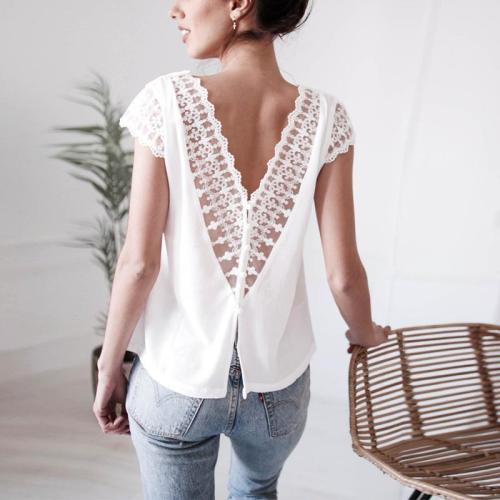 Sexy Backless Lace Patchwork Hollow Out V Neck Blouse