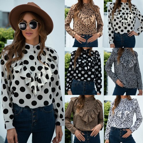 Women's Blouses Autumn Polka Dot Print Shirts Patchwork Ruffles Long Sleeve Blouse Women's Clothing 2021 Blusas Femme Y2k Tops