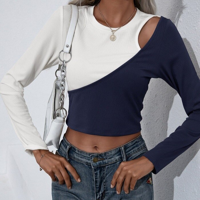 T-Shirt Women Self-cultivation Navel Stitching Color Contrast Women's Slim Super Short Sexy O-Neck Long-sleeved Strapless Top