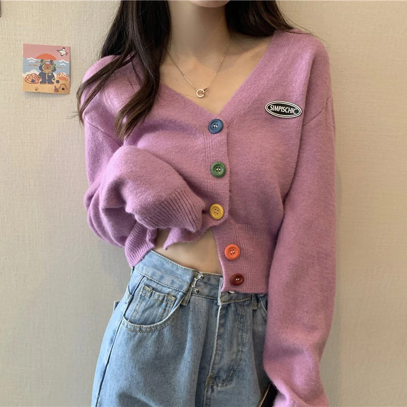 Cardigans Women Sweater V-Neck Knitted Colorful Buttons Crop Top Sweet Korean Style Womens Elegant Fashionable Spring Autumn New