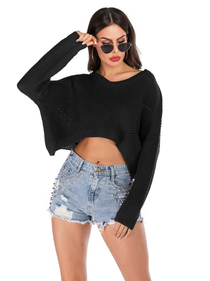 New autumn 2021 Europe and the United States crop midriff solid color V-neck knitting bat long sleeve bottom sweater women