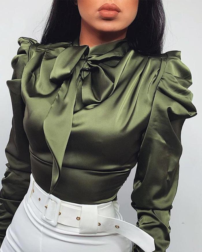 Solid Tie Neck Satin Blouse