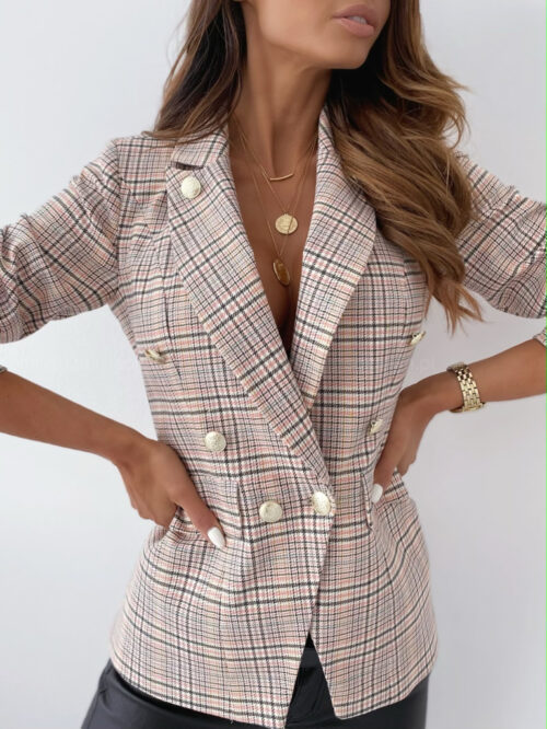 2021 Autumn Plaid Blazer Women's Coat Double Breasted Notched Button Female Coat Plus Size Fashion Office Elegant Lady Outerwear