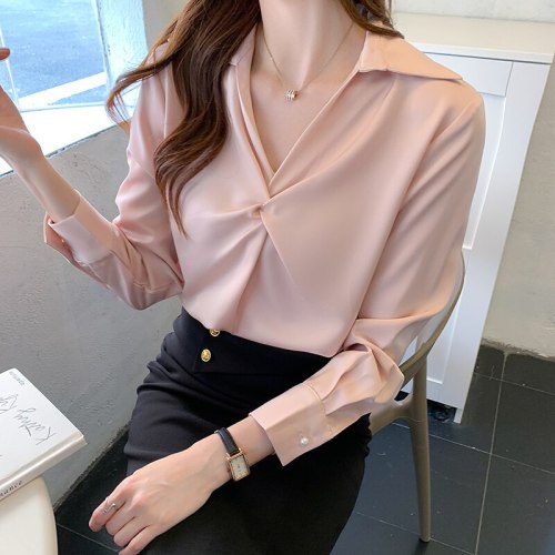 Spring Autumn Korean 2021 Fashion Womens Tops and Blouses Women Blouses Long Sleeve Folds Solid Office Lady Shirts Ladies Tops