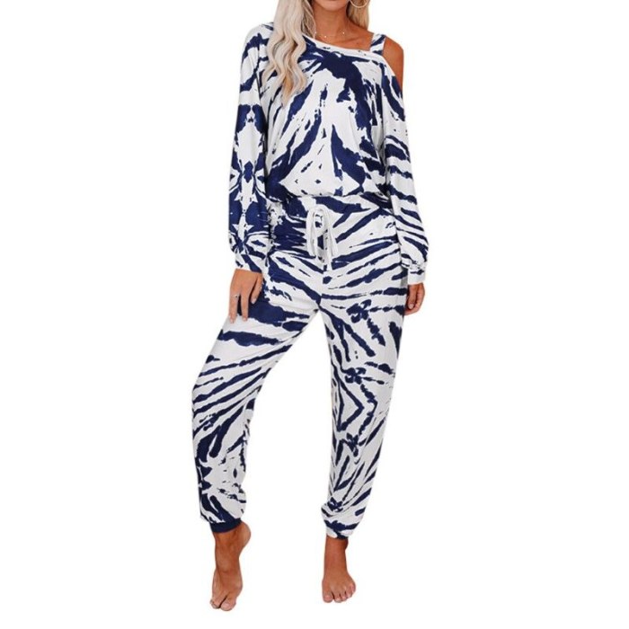 2 Pcs/Set Women Tie Dye Printed Pajamas Suit Long Sleeve Pullover off Shoulder Tops Long Pants Sleepwear Loose Home Loungewear