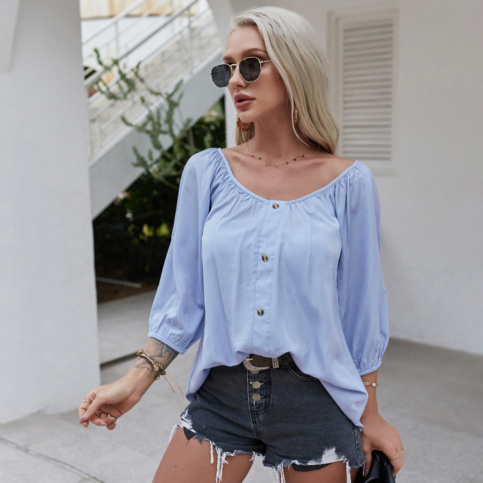 Women Spring Summer Shirts Casual Solid O-neck Buttoms Mid-long Sleeve Shirts Female Loose Tops