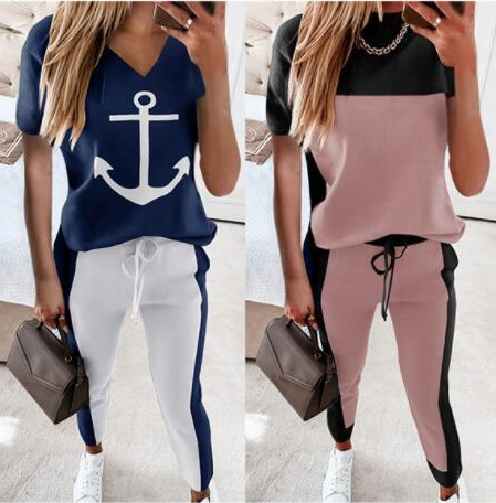 2021 Women Anchor Print Patchwork Homewear Casual V Neck Tops Pullover and Drawstring Pants Tracksuit Summer 2 Piece pant sets