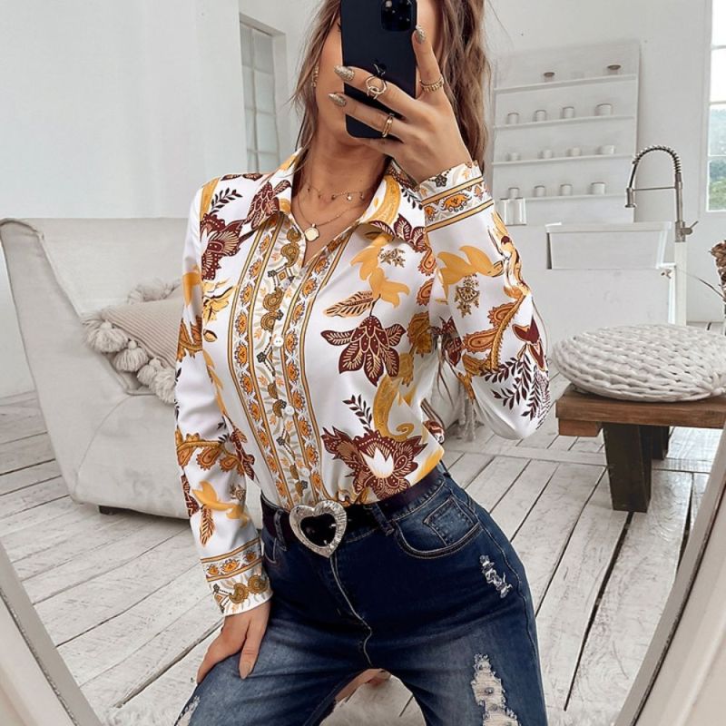 Women Printed Blouse 2022 Spring Autumn Long Sleeve Tops Casual Turn Down Collar Temperament All-match Blouse