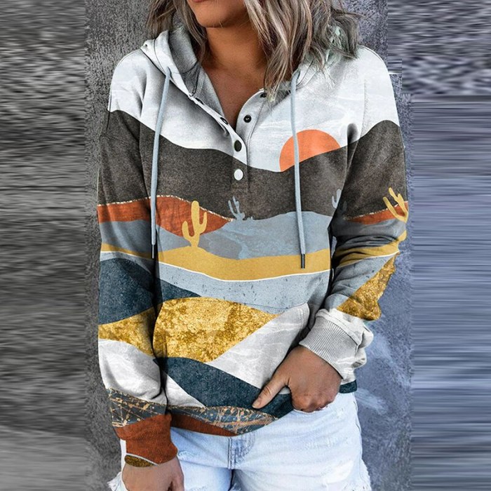 2021 Autumn Vintage Landscape Printed Hooded Sweatshirt Women Casual Drawstring Button Tops Pullover Winter Long Sleeve Hoodie