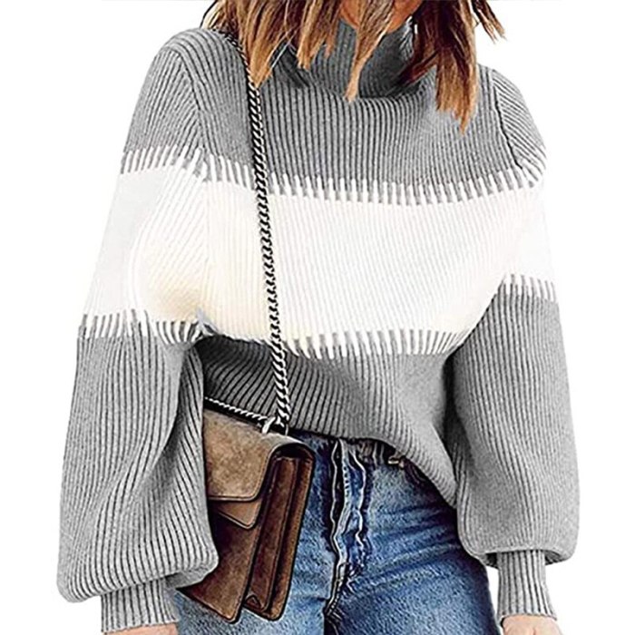Autumn Lantern Sleeve Hit Color Knitted Women's Sweater Patchwork Turtleneck Long Ribbed Lady Pullover Female Streetwear Sweater