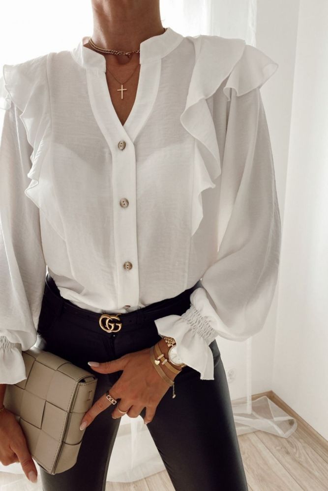 2021 Fashion High Street Female Elegant Ruffle Blouse Women Autumn Long Sleeve V-Neck Pullover Casual Button Solid Color Shirt
