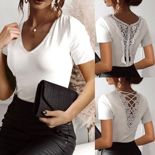 Women's fashion casual commuter T-shirt 2021 summer tops Sexy V-neck solid color thin lace short sleeves white T-shirt