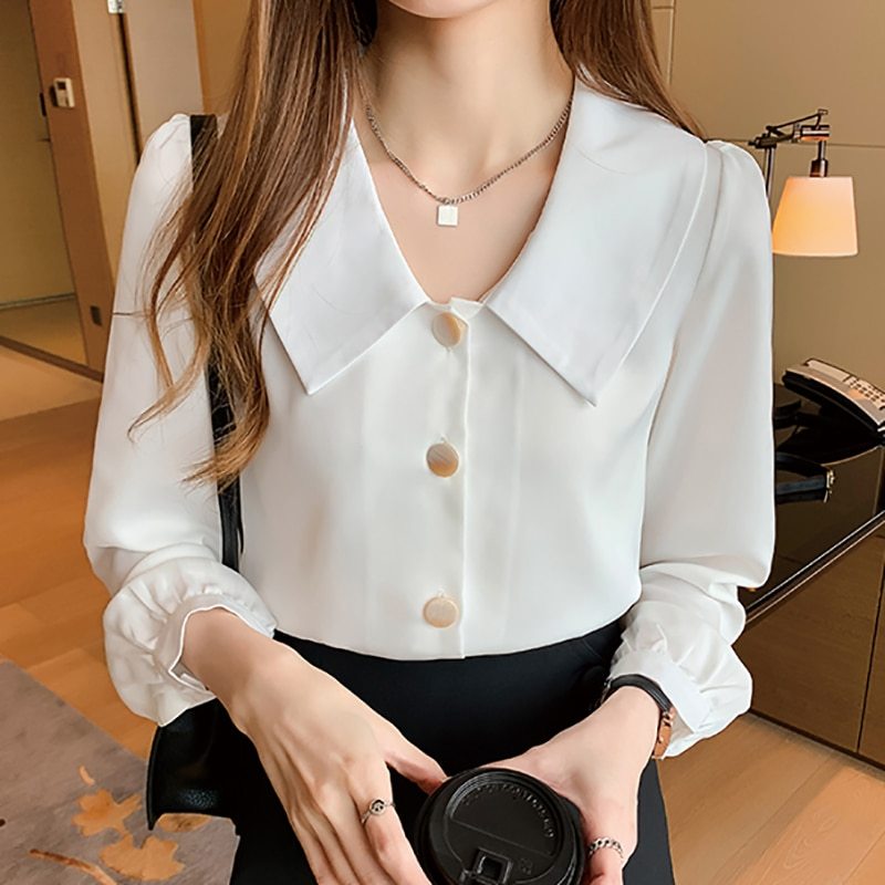 Button Long Sleeve Chiffon Blouse Tops