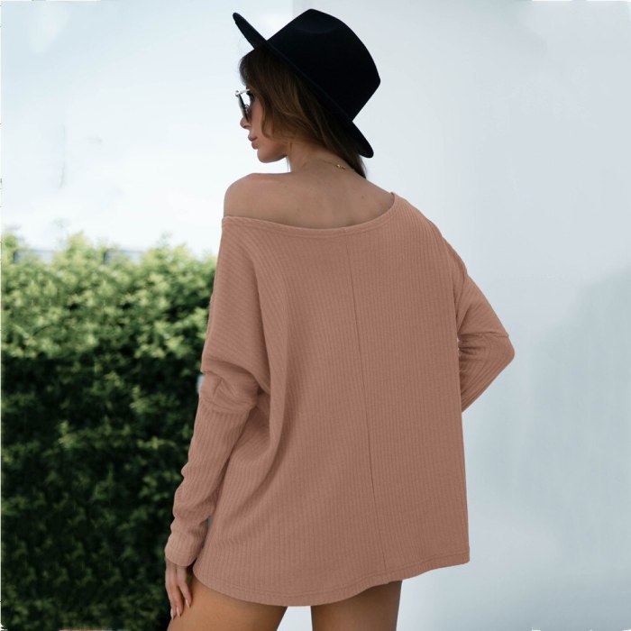 Casual Loose Knitted Pullover Tops 2021 Autumn Winter Sexy Off-The-Shoulder Pit Strip Solid Color Long-sleeved Tshirts Top Women
