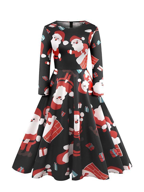 Women's Christmas Santa Claus Print Vintage Dress