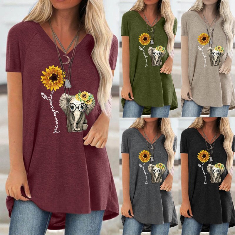Women Tops Shirts Spring And Summer 2021 Pullover V-neck Print Loose Casual Black Green Short Sleeve Longer T-shirt