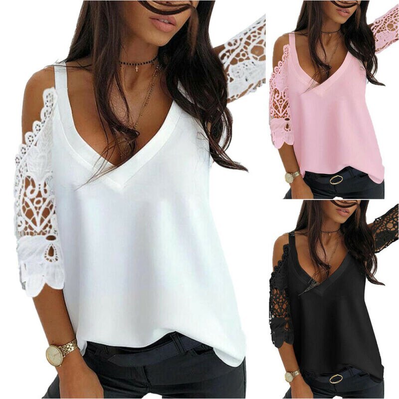 White Off Shoulder Top Women Summer T-Shirt 3/4 Sleeve Tops V Neck Blouse Casual T Shirts Women Shirts Summer Women Clothing