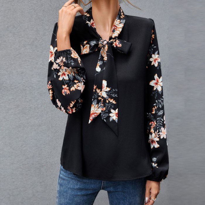 Long Sleeve Shirt For Women Autumn Tops Blouse Ladies Bow Collar Black Shirt Fashion Female Blusas Elegantes Floral Patchwork