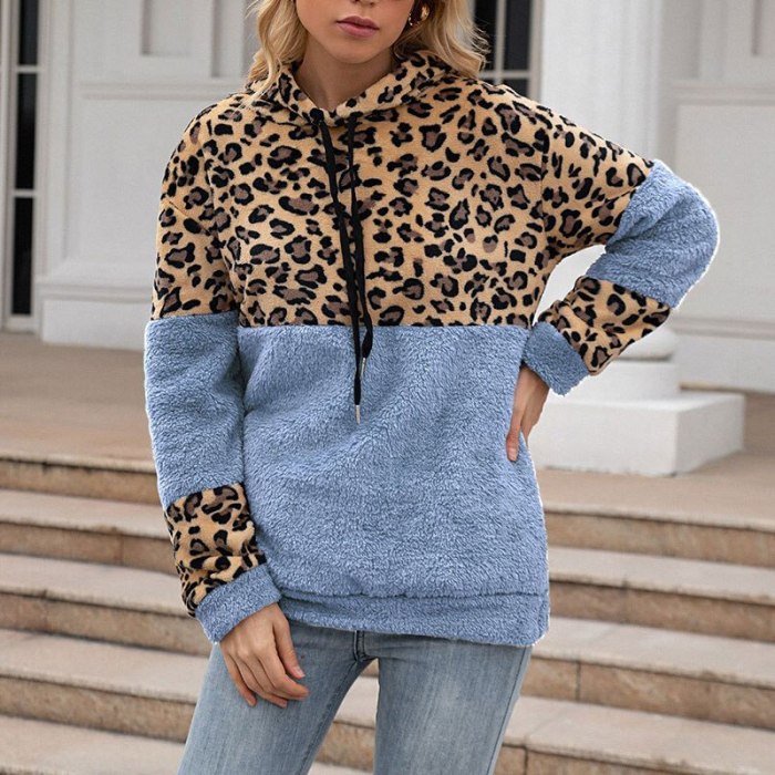 Leopard Patchwork Lambswool Women's Hooded Tops Zipper Lace Up Fluffy Ladies Hoodie Sweashirts Autumn Fashion Loose Casual 2021