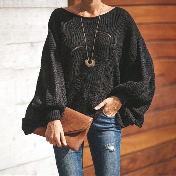 Hollow Out Sweaters Casual Knitwear Lantern Sleeve Sweaters