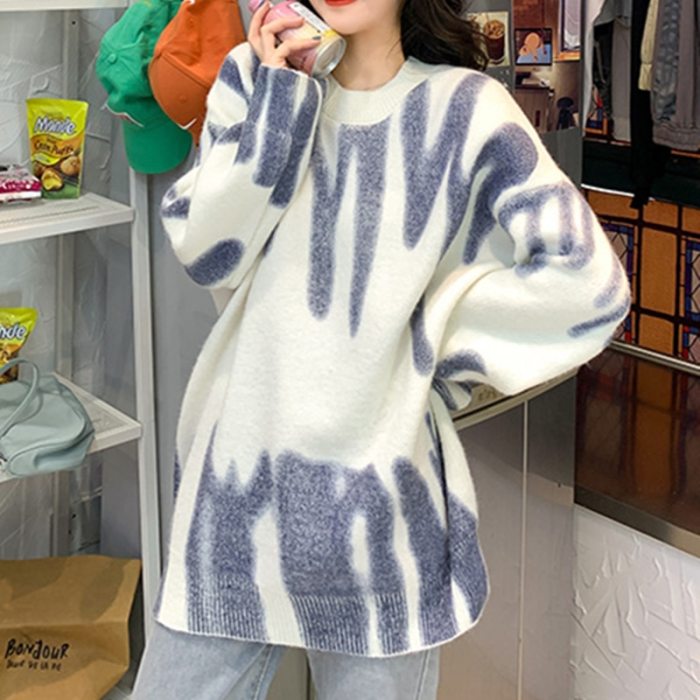 Print Knitted Sweater Elegant Striped Oversized Pullovers