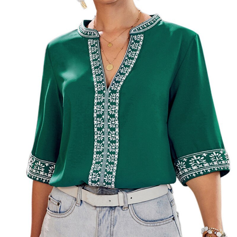 Retro Embroidery Chiffon Blouse Women 2021 Summer New Short Sleeves V-Neck Shirts Female Casual Loose Ethnic Style Tops Pullover