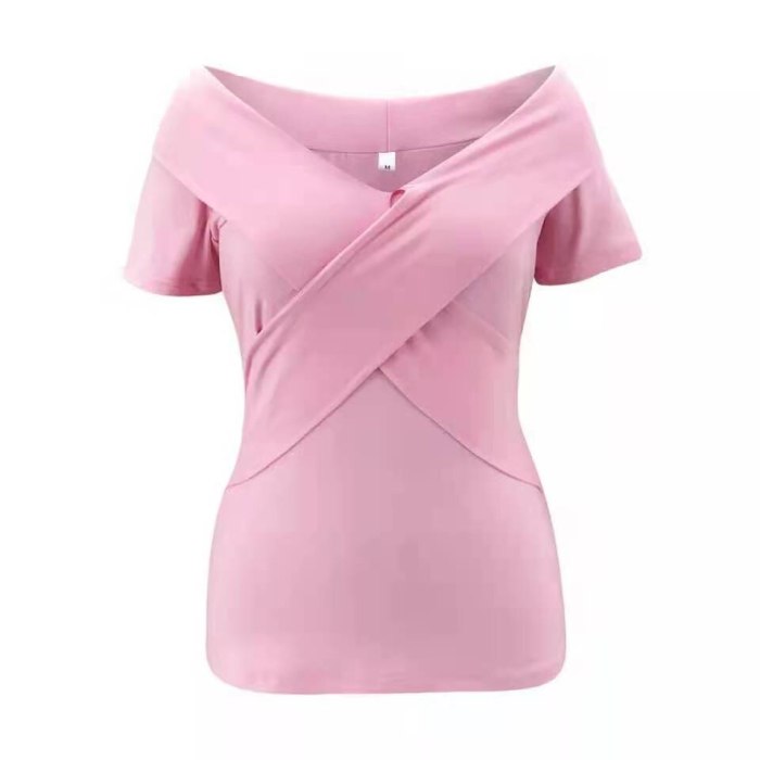 2021New Fashion Women Summer Solid Color T-Shirts Cross Patchwork Design V-Neck Short Sleeve Slim Pullovers Top
