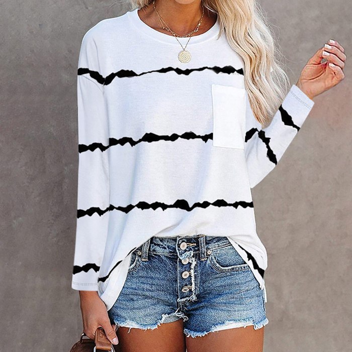 Womens Long Sleeve Tops Tee Striped Print Loose Pullover Tops with Pocket Striped Printed Clothes Tees Spring Female