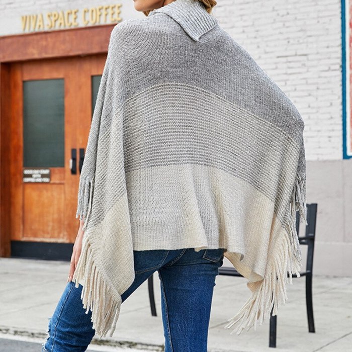 2021 autumn and winter European and American fringed cloak shawl sweater half open collar contrast color sweater women