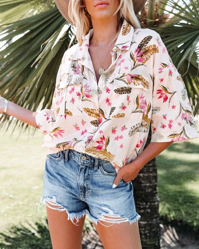 Summer Women Half Sleeve Floral Printed Shirts Blouses Fashion Casual Loose Button Pockets Tops Street Shirts