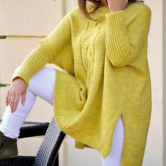 Knitted Sweaters For Woman 2021 New O Neck Loose Long Sleeve Solid Hem Split Plus Size Twist Casual