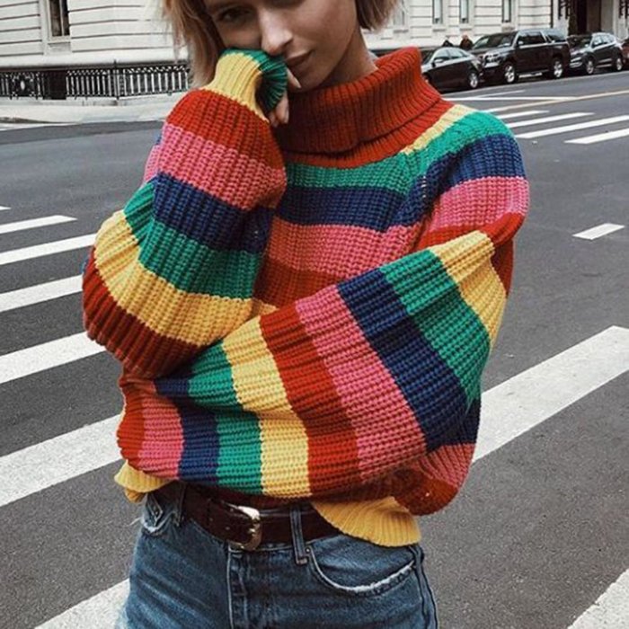 Oversize Rainbow Puff Shoulder Pullover Sweater