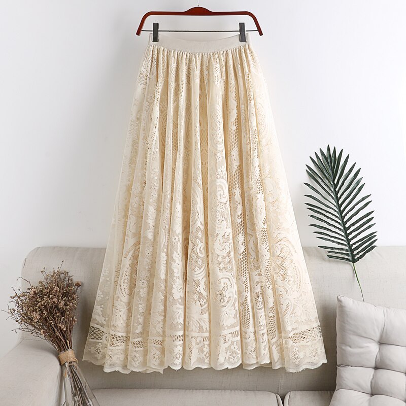 Flavor Small Fresh Skirt High Waist Thin Mid-Length Skirt 2020 Summer Hollow Crochet Lace Female Skirt