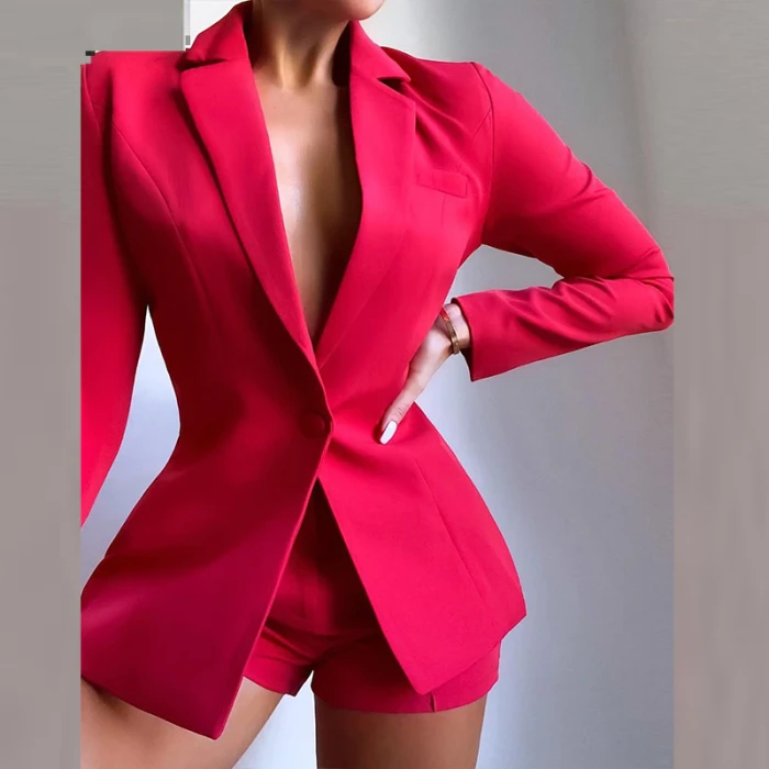 2021 New Style Women Fashion Elegant Blazer 2pcs Sets Sexy Turn-down Collar Single Button Coat+Shorts Two Piece Suit Lady Outfit