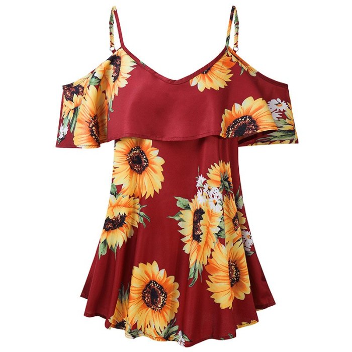 New Sunflowers Printed Strap Blouses Women Plus Size Summer Beach Ruffles Casual Shirts White Red Off Shoulder Tops Blusas XXXL