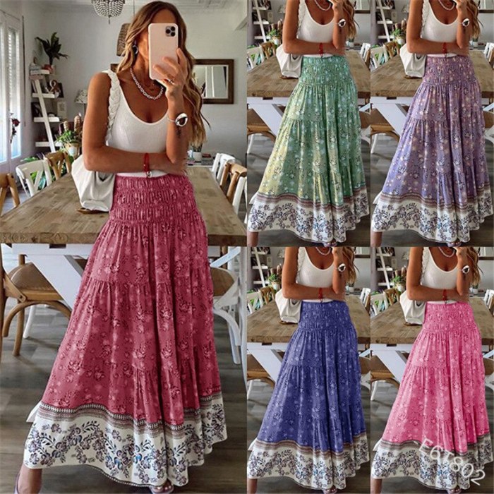 Bohemian Women Summer Skirt Casual Shrinkage Elastic High Waist Print Holiday Long Skirt Vintage Floral A-line Maxi Skirt Female