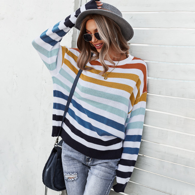 2021 Trend Striped Knitting Shirt Rainbow Sweater Mujer Long Sleeve Knitted Top Pullover Tricot Blouse Loose Waist Pulsweetheart